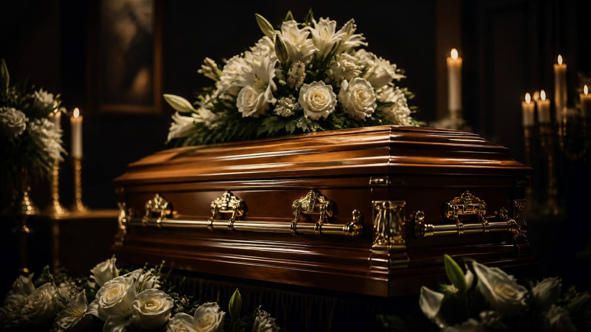 Elegant golden casket adorned with white flowers in a warm, candlelit setting